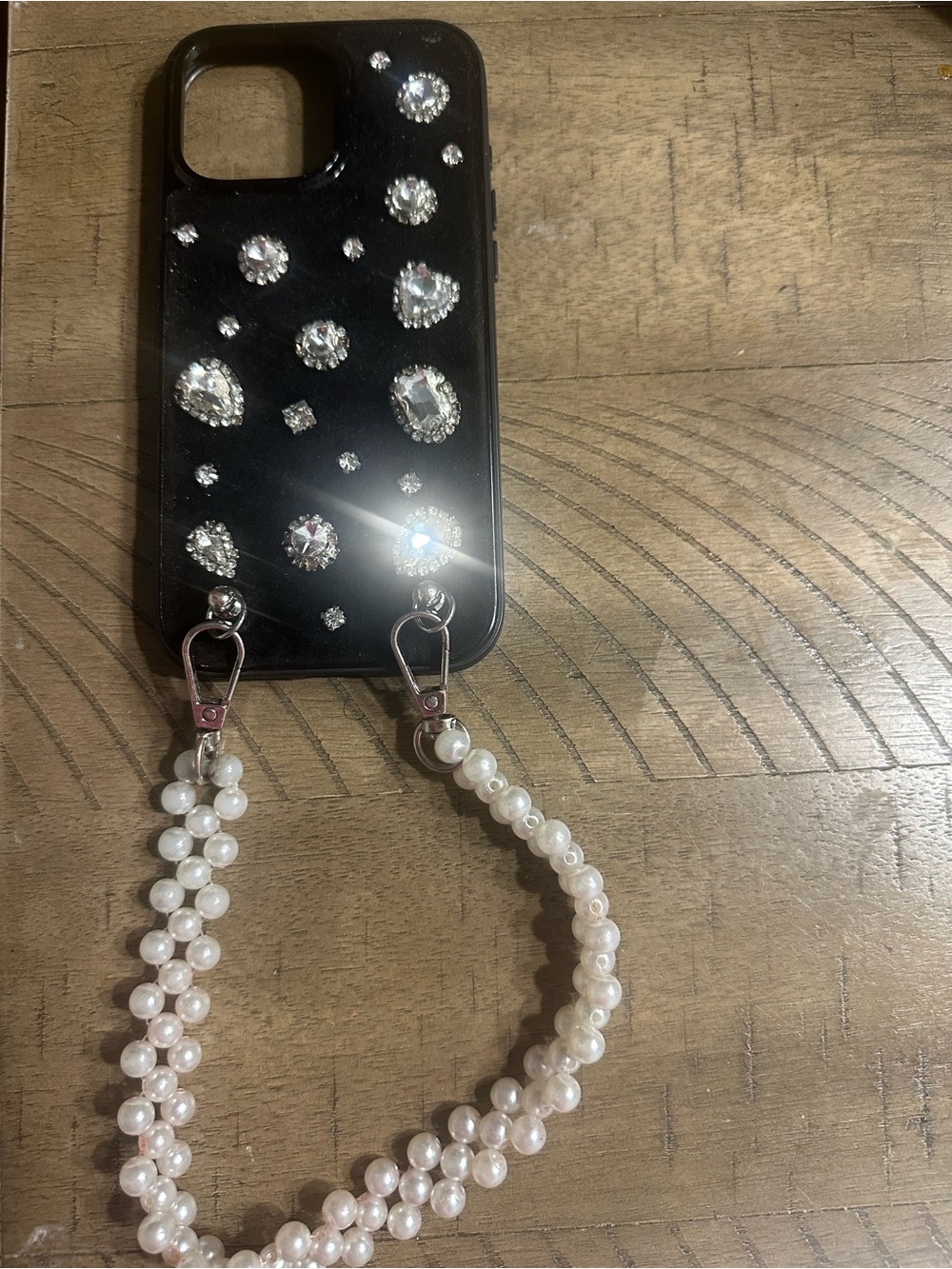 Black Rhinestone Phone Case with Pearl Strap